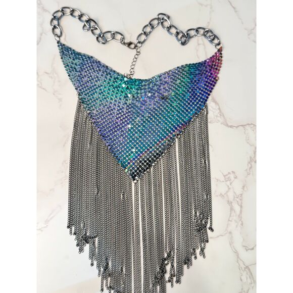 Metal Mesh Bib Necklace with Chain Fringe - Picture 1 of 5